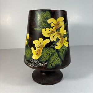 Vintage Elegant Brown Pedestal Vase with Yellow Handpainted‎ Floral Design